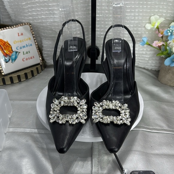 (O) ZARA Elegant Black Slingback Heels with Crystal Embellishment, Size 39/8USA - Picture 2 of 13